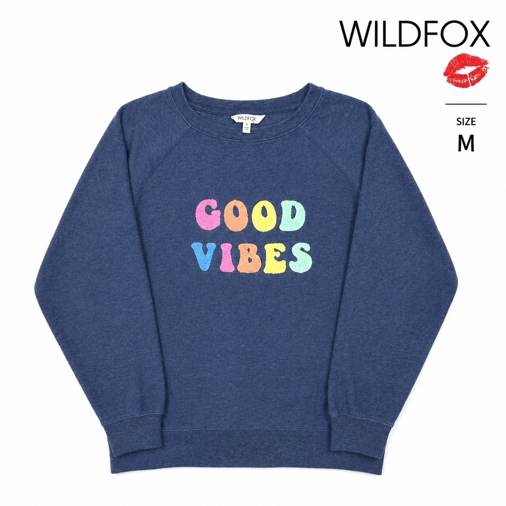 Wildfox Good Vibes Sweatshirt Women's M Oversized Blue Rainbow Graphic Pullover - Picture 1 of 8